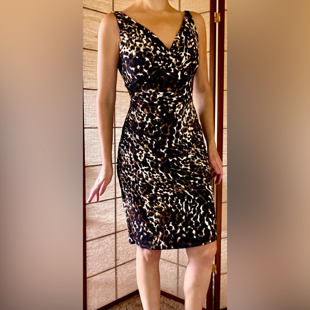 Ralph Lauren animal print faux wrap ruched front v neck sleeveless dress